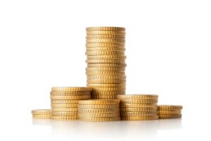 Piles of coins on white background