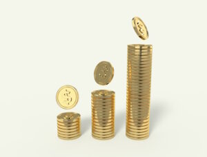 three piles of golden coins, short, medium and tall