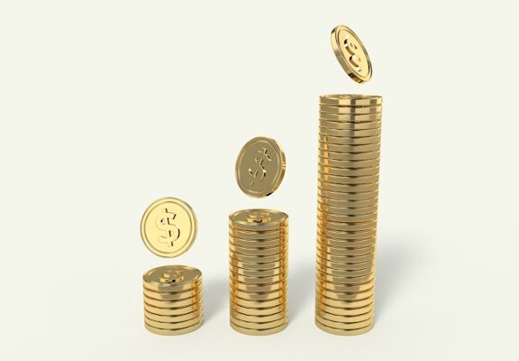 three piles of golden coins, short, medium and tall