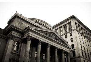 Black and white picture of the bank of Montreal head office heritage building