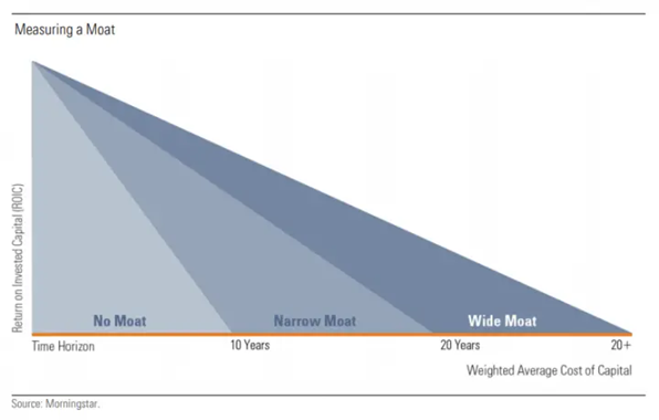 Morningstar graph showing time horizon for return on capital for wide, narrow, and no moat